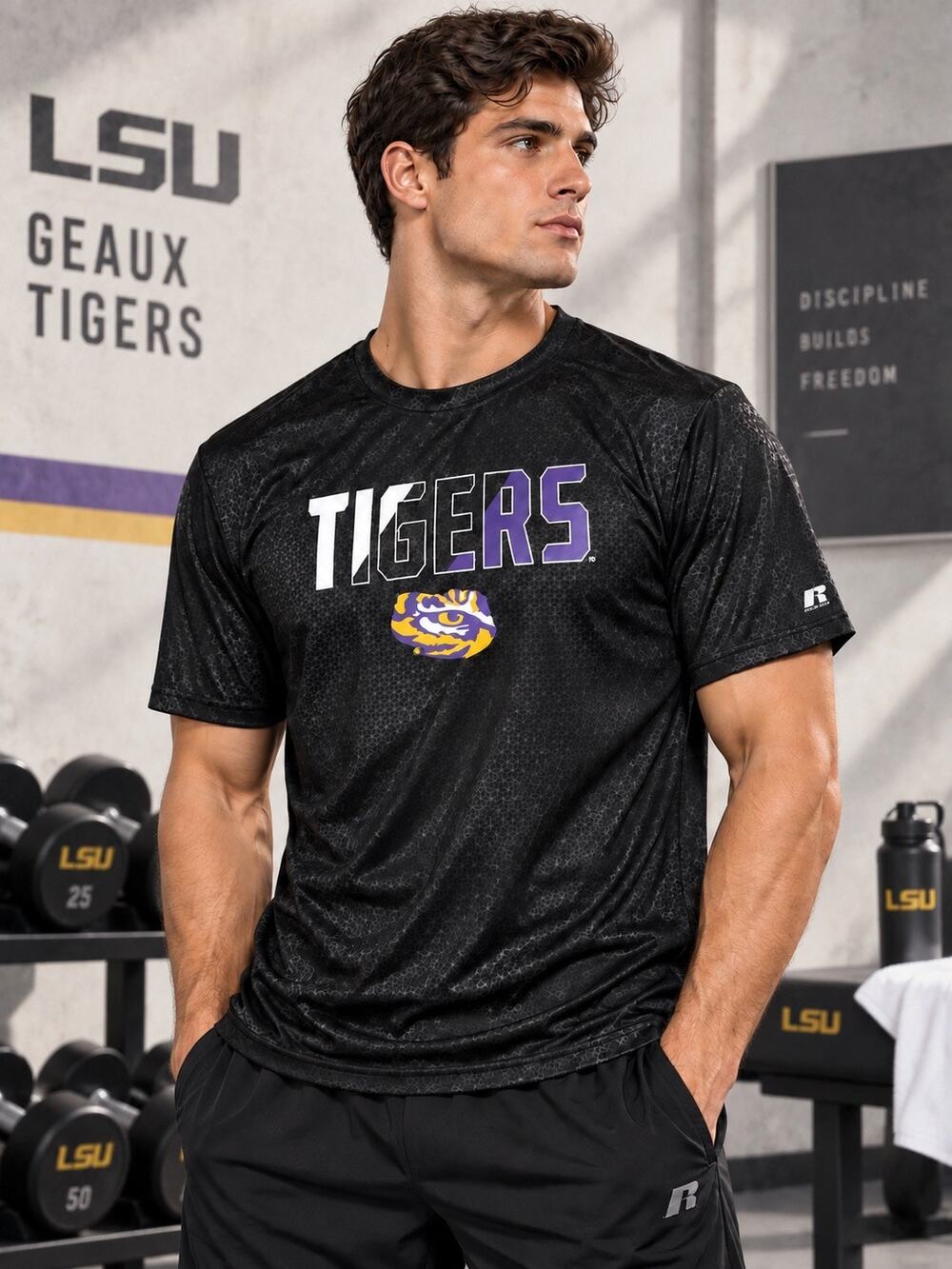 Russell Athletic LSU Tigers Men’s 3XL Black Performance T-Shirt Purple Gold